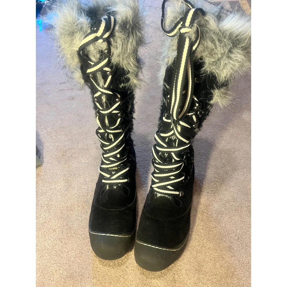 Muk Luks Womens Tall Winter Boots Faux Fur Knit Nordic Snowflake Black White